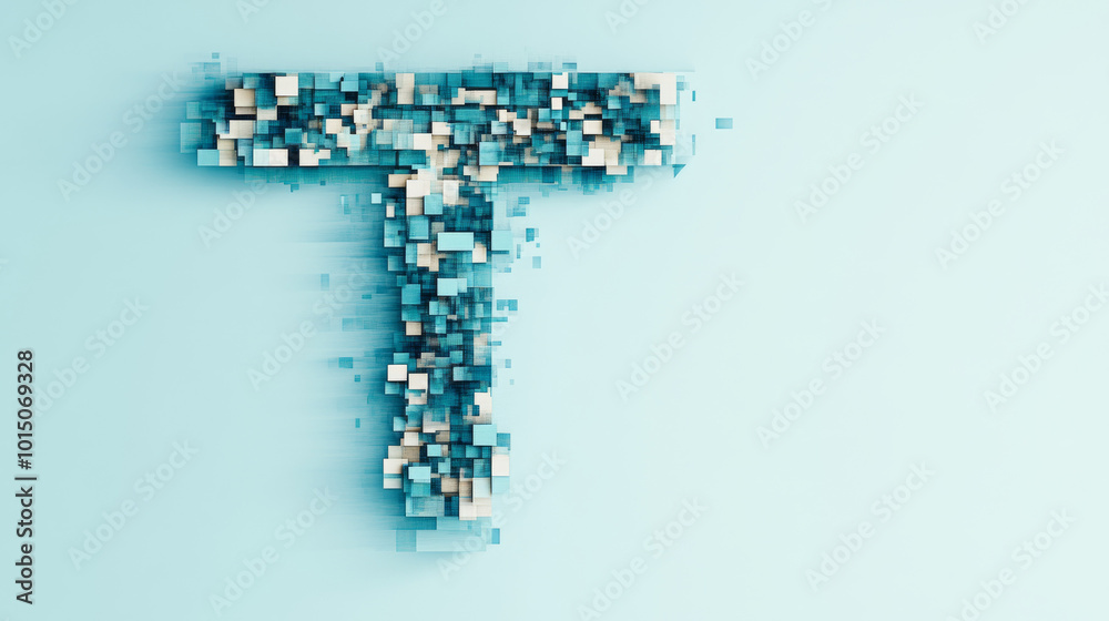 The letter 'T' formed from a cluster of blue and white cubes on a light blue background. The letter 'T' formed from a cluster of blue and white cubes on a light blue background.