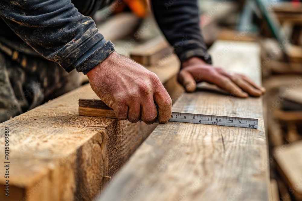 A Carpenter's Hand Measuring a Wooden Beam A Carpenter's Hand Measuring a Wooden Beam