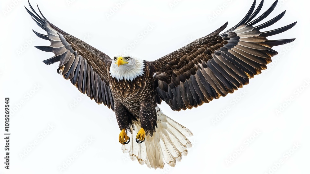 Obraz premium Majestic Eagle Soaring in Graceful Flight on White Background