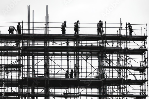 Construction Workers on Scaffolding Against a White Sky