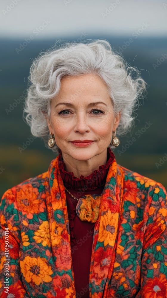 Portrait of an elegant senior woman with curly gray hair, wearing a bright floral shawl and earrings, standing outdoors. Portrait of an elegant senior woman with curly gray hair, wearing a bright floral shawl and earrings, standing outdoors.