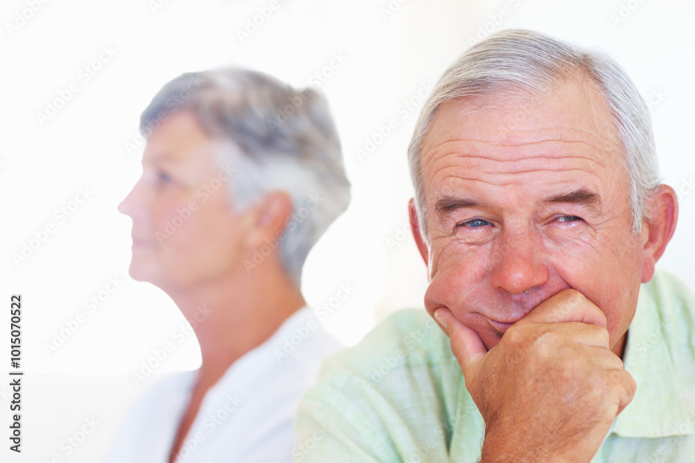 Sofa, senior man and thinking after conflict for fight, misunderstanding and upset in lounge. Angry couple, male person and woman on couch for cheating, affair and husband with divorce ideas at home Sofa, senior man and thinking after conflict for fight, misunderstanding and upset in lounge. Angry couple, male person and woman on couch for cheating, affair and husband with divorce ideas at home
