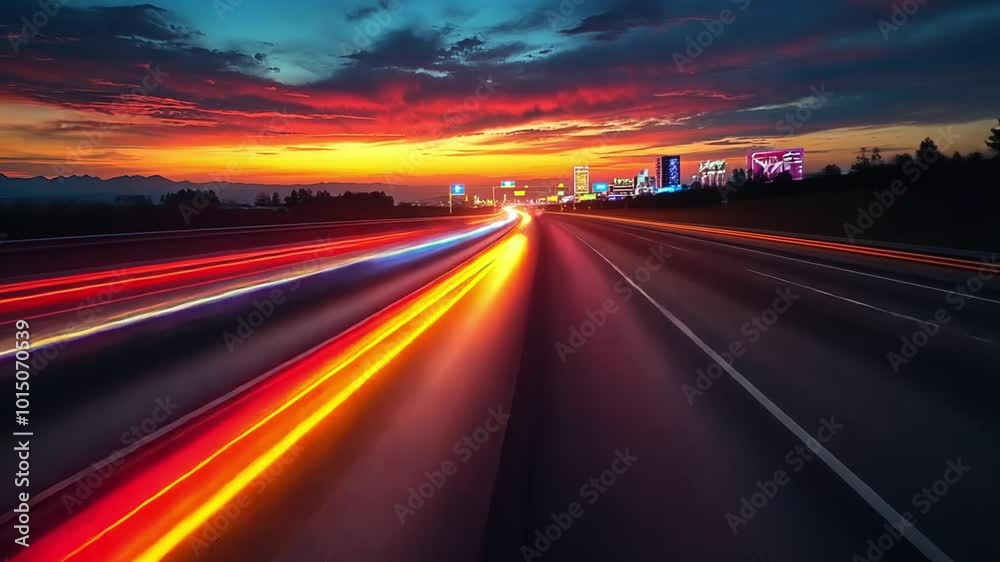 Vibrant sunset over a highway with light trails from vehicles footage Vibrant sunset over a highway with light trails from vehicles footage