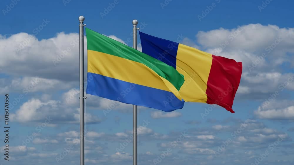 Romania and Gabon flags flying together, video concept of the relationship, two country cooperation concept Romania and Gabon flags flying together, video concept of the relationship, two country cooperation concept