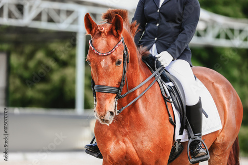 Portrait of a horse during a performance at equestrian competitions. Rider landing and horse control