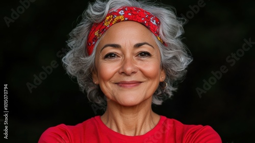 Confident senior woman with curly gray hair wearing a floral red headband and red top smiles warmly, exuding positive energy in a natural outdoor setting.