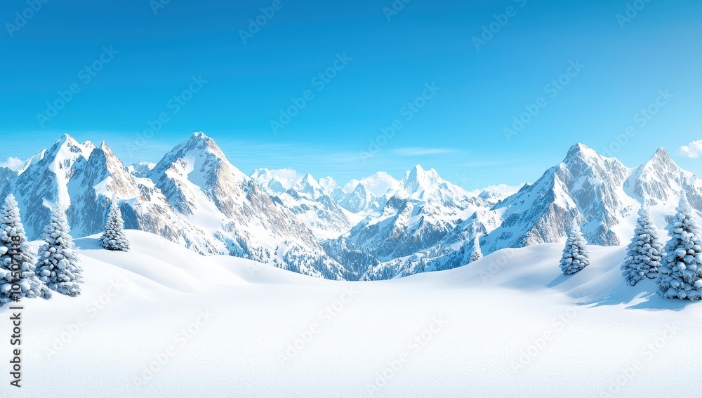 Snowy mountain landscape with fir trees under blue sky. Winter wonderland scenery. Snowy mountain landscape with fir trees under blue sky. Winter wonderland scenery.