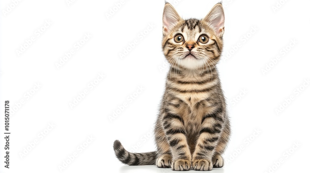 Fototapeta premium American Shorthair kitten sitting, white background. Happy animal and joyful.
