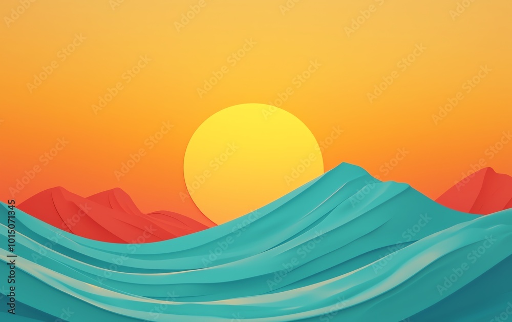 Abstract landscape with colorful waves and a bright sun at sunset. Abstract landscape with colorful waves and a bright sun at sunset.