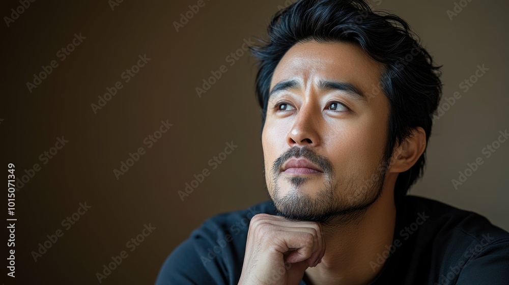 An Asian man in deep thought against a muted brown background An Asian man in deep thought against a muted brown background