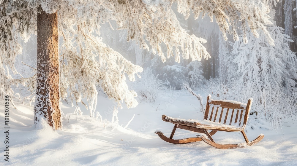 Wooden Sled Leaning Against Snowy Tree Wooden Sled Leaning Against Snowy Tree