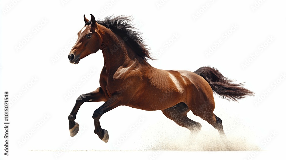A powerful stallion rearing up, rendered with dynamic energy and detail on a clean white backdrop A powerful stallion rearing up, rendered with dynamic energy and detail on a clean white backdrop