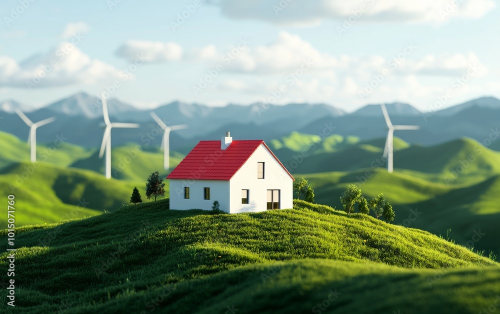 Charming house on green hill with wind turbines in background. Charming house on green hill with wind turbines in background.