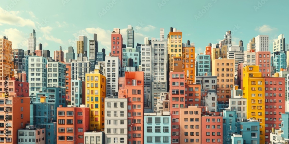 C4D style, clear sky, many modern city buildings, round, long focal lens, front view, the center of the picture is a colorful french window building, and ordinary city buildings are on both sides C4D style, clear sky, many modern city buildings, round, long focal lens, front view, the center of the picture is a colorful french window building, and ordinary city buildings are on both sides