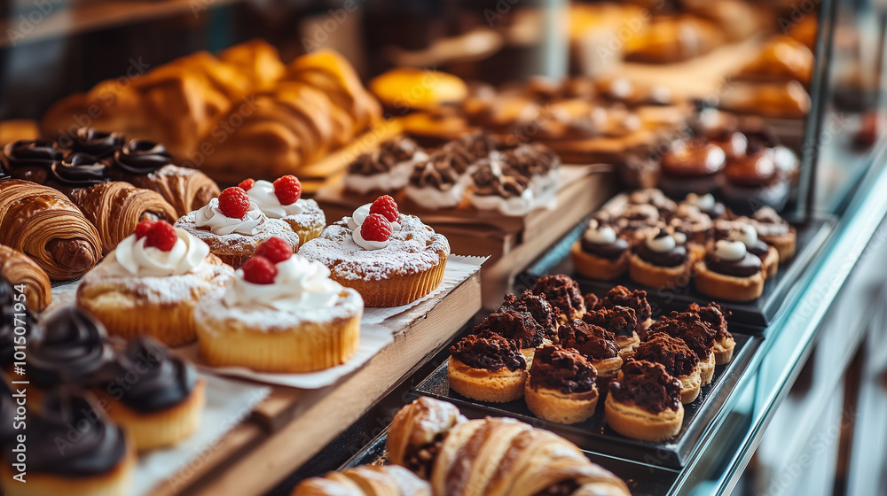 Bakery Display Case with Assorted Pastries and Desserts
