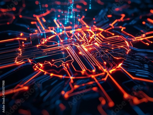 Close-up of circuit board with illuminated connections in vibrant colors. photo