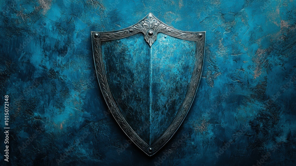 Fototapeta premium Psychological armor shield protecting vulnerable inner self, steel blue backdrop