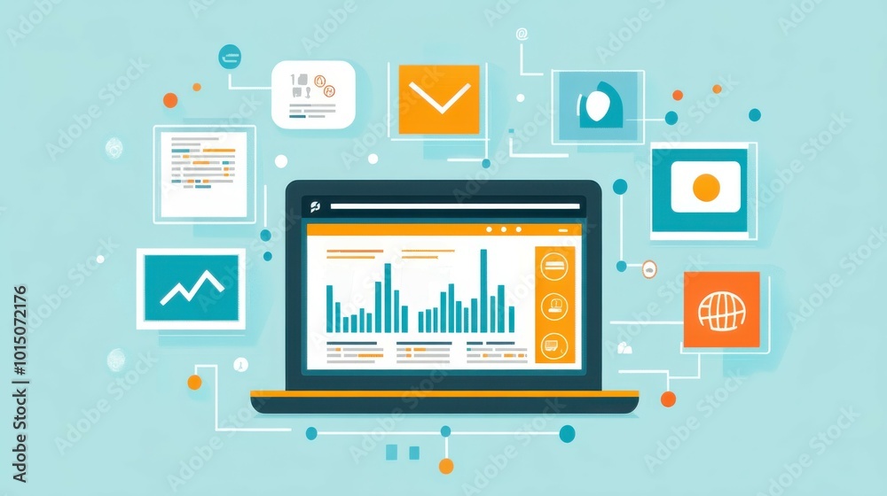 Flat illustration of a laptop displaying a website analytics dashboard, surrounded by icons of social media platforms, email campaigns, and charts representing digital marketing strategies. Clean Flat illustration of a laptop displaying a website analytics dashboard, surrounded by icons of social media platforms, email campaigns, and charts representing digital marketing strategies. Clean