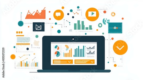 Wallpaper Mural Flat illustration of a laptop displaying a website analytics dashboard, surrounded by icons of social media platforms, email campaigns, and charts representing digital marketing strategies. Clean Torontodigital.ca