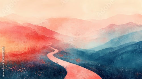 Healing journey winding path through abstract landscape, soothing peach background photo