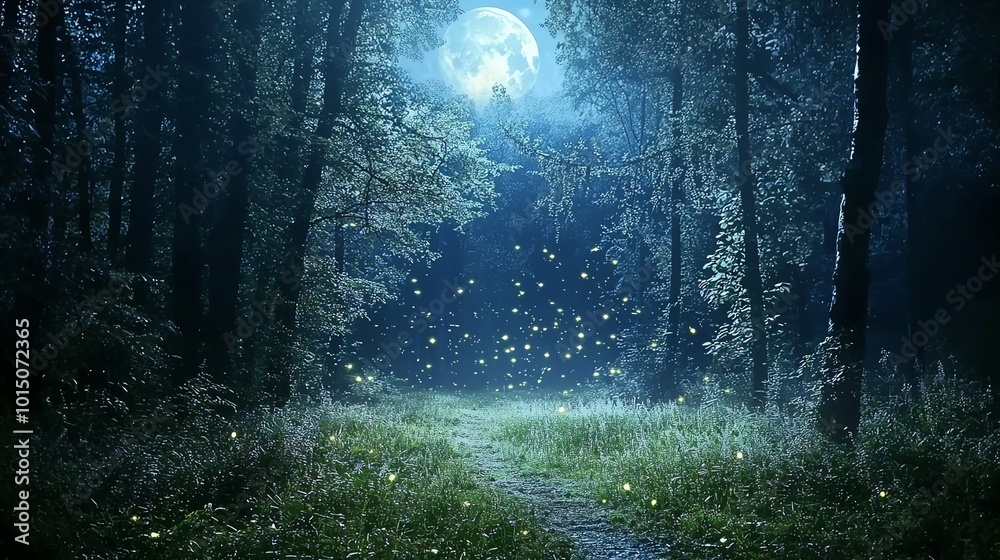 Obraz premium Moonlit forest clearing with fireflies dancing in the air