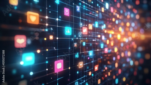 A 2D graphic showing interconnected social media platforms, each with engagement metrics such as likes, shares, and comments, symbolizing social media marketing strategies. Space for copy or brand