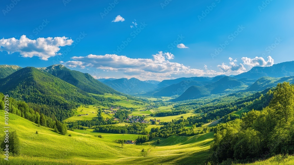 Fototapeta premium Mountain landscape with green meadows and blue sky
