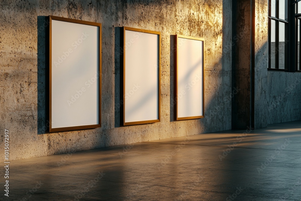 Empty frames on a textured wall with natural light creating a serene atmosphere. Empty frames on a textured wall with natural light creating a serene atmosphere.