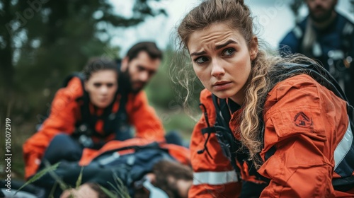 Emergency medical technicians (EMTs) providing first aid to victims at the site of a vehicle accident, with a focus on their professionalism and urgency