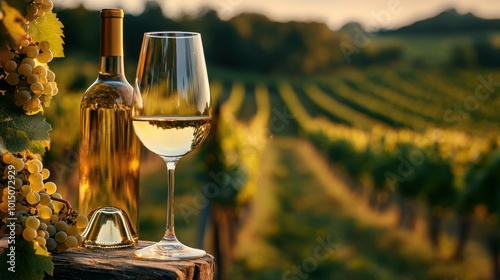 Elegant wine bottle and glass with a soft, blurred vineyard background