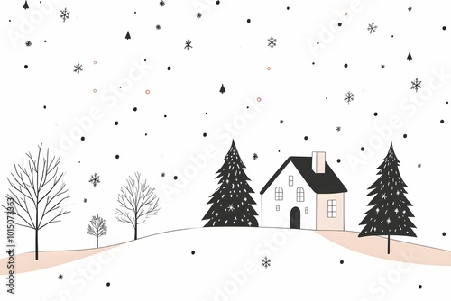 A pixel art depiction of a charming house and Christmas trees