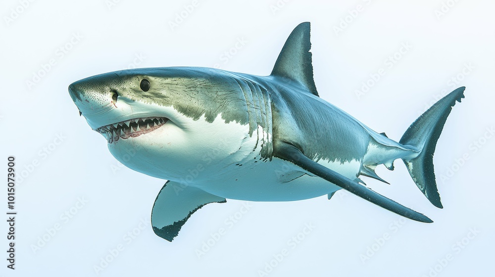 Fototapeta premium An imposing great white shark with strong lines and a sleek design, set against a white background