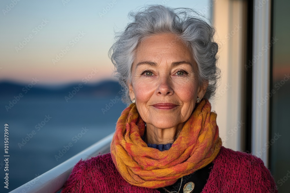 Exuding warmth and confidence, a mature woman with curly gray hair, a orange scarf, and gold hoop earrings is captured in a close-up portrait, smiling gently. Exuding warmth and confidence, a mature woman with curly gray hair, a orange scarf, and gold hoop earrings is captured in a close-up portrait, smiling gently.