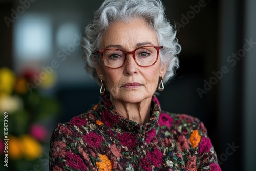 Close-up portrait of a serious mature woman with gray hair and glasses, wearing a colorful floral jacket and earrings, indoors.