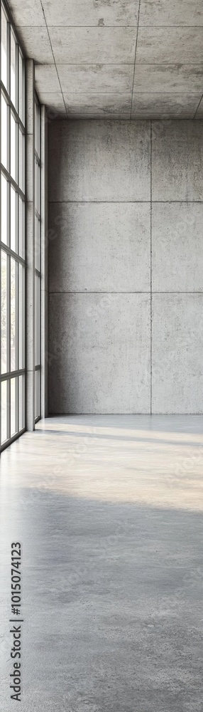 Modern interior space with concrete wall and large windows, light-filled environment. Modern interior space with concrete wall and large windows, light-filled environment.