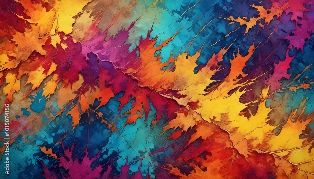 Abstract colorful paint drips and splashes with vibrant autumn leaves pattern, digital artwork Abstract colorful paint drips and splashes with vibrant autumn leaves pattern, digital artwork