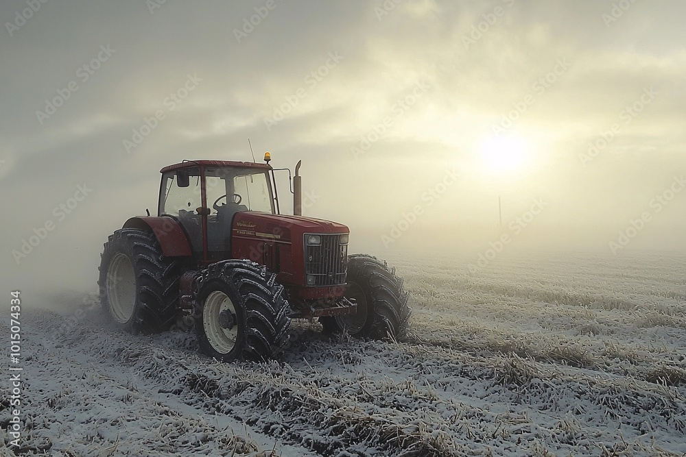 Red Tractor in the Early Morning Fog Red Tractor in the Early Morning Fog