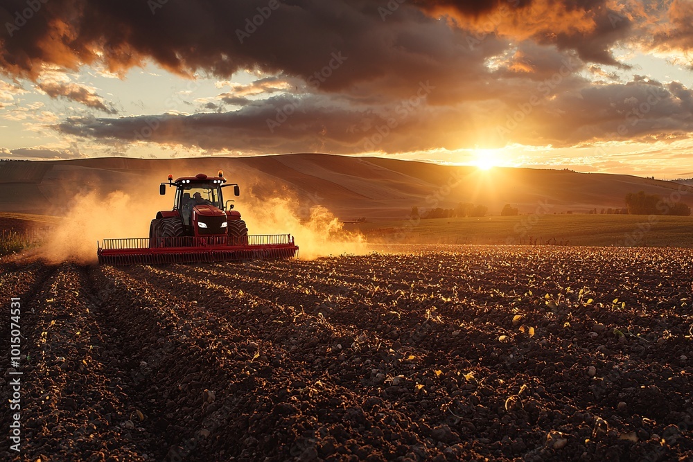 Fototapeta premium Red Tractor Plowing Field at Sunset