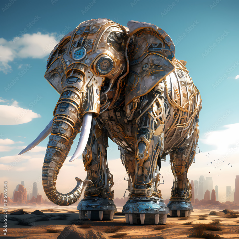 Fototapeta premium Mechanical elephant roaming a digital savannah. 