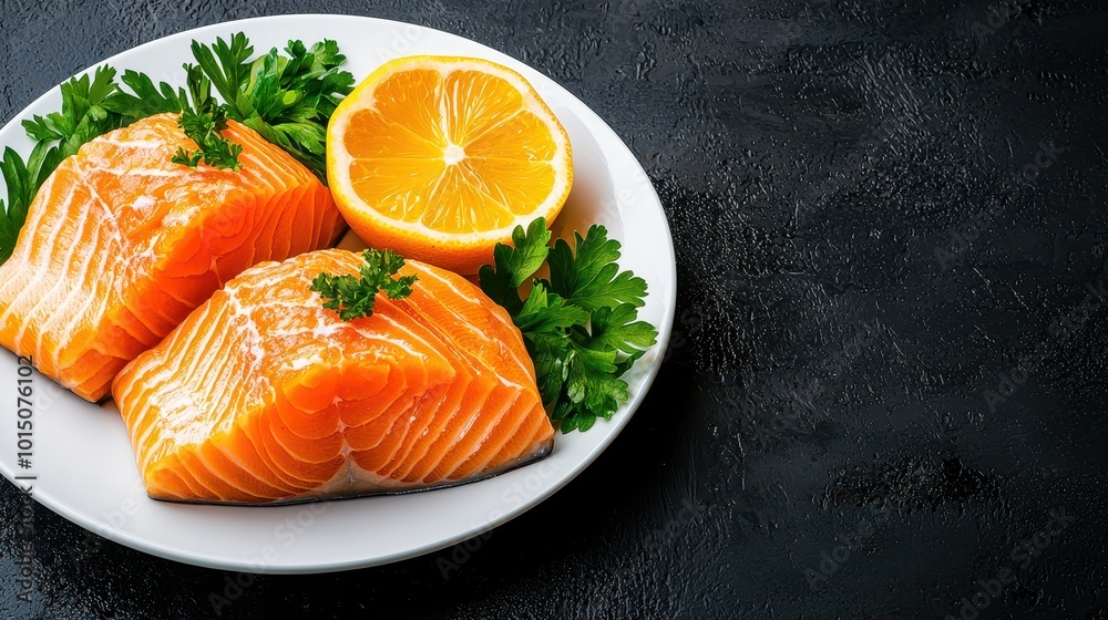 Fresh Salmon Rich in Omega Fatty Acids garnish lemon slices Fresh Salmon Rich in Omega Fatty Acids garnish lemon slices