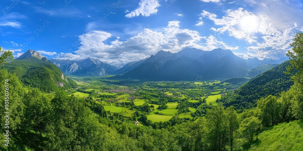 Mountain landscape with green meadows and blue sky Mountain landscape with green meadows and blue sky