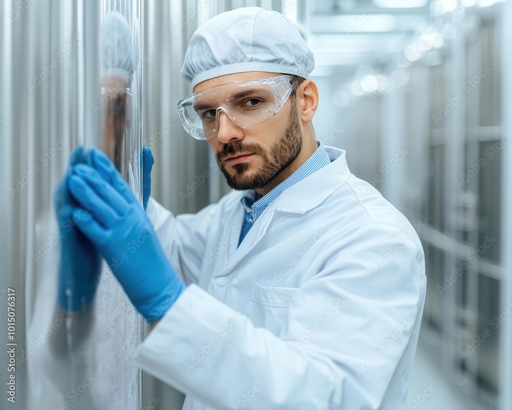 Scientist in a lab adjusting a distillation column, industrial chemical engineering process Scientist in a lab adjusting a distillation column, industrial chemical engineering process