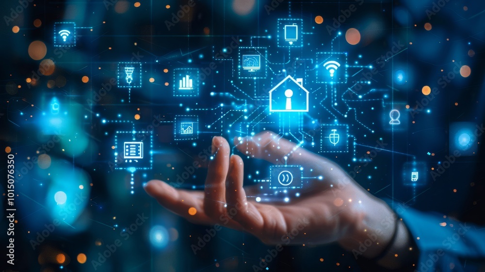 Futuristic digital interface with smart home technology icons Futuristic digital interface with smart home technology icons