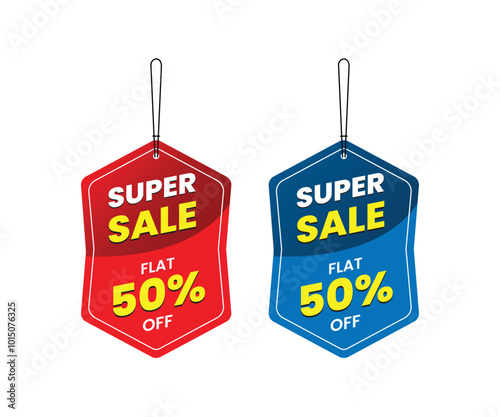 Promotional sale labels best offers sticker bundle, Super sale up to 50% off, Dangler Vector template design, vector illustration. Red and blue Dangler.