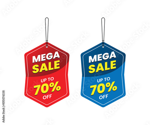 Promotional sale labels best offers sticker bundle, Mega sale up to 70% off, Dangler Vector template design, vector illustration. Red and blue Dangler.