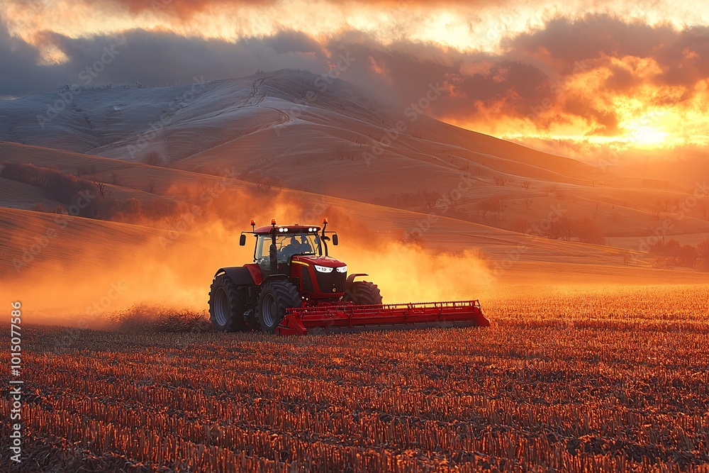 Fototapeta premium Modern Agriculture with Red Tractor at Sunset