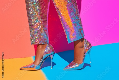 detail of a woman wearing suit pants and shiny holographic pumps, street style, iridescent