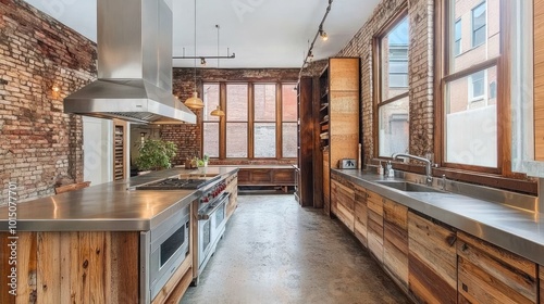 Modern Industrial Kitchen with Rustic Brick Walls