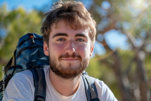 A young man with a beard smiles at the camera while wearing a backpack outdoors.