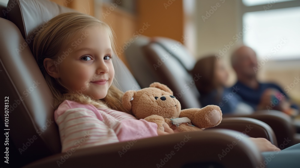 A young girl sits comfortably in a hospital chair, clutching her teddy bear, while family members engage with each other nearby in a calm setting A young girl sits comfortably in a hospital chair, clutching her teddy bear, while family members engage with each other nearby in a calm setting